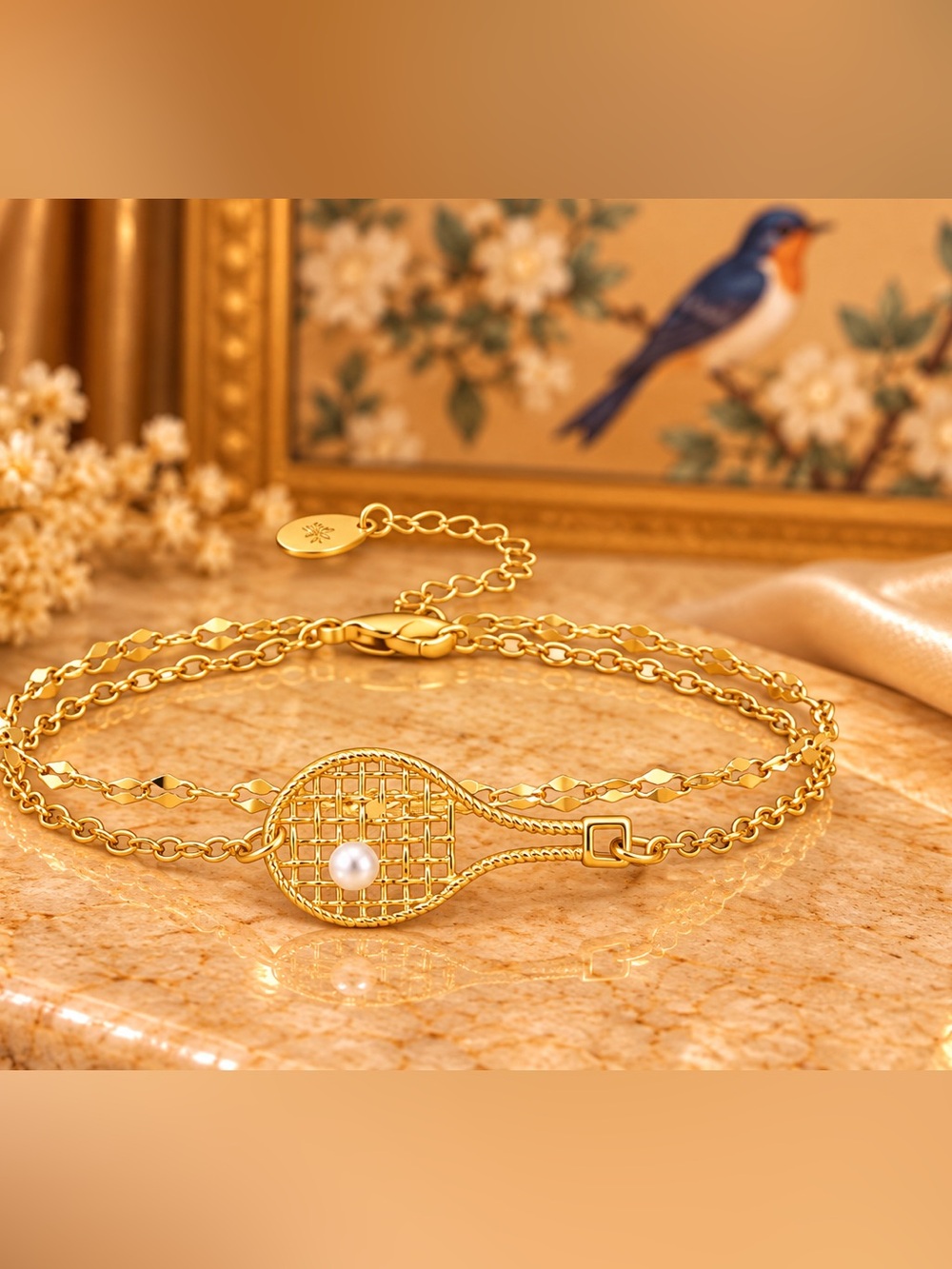Gold Tennis Racket Pearl Double Layer Chain Bracelet Adjustable Fifi’s Closet